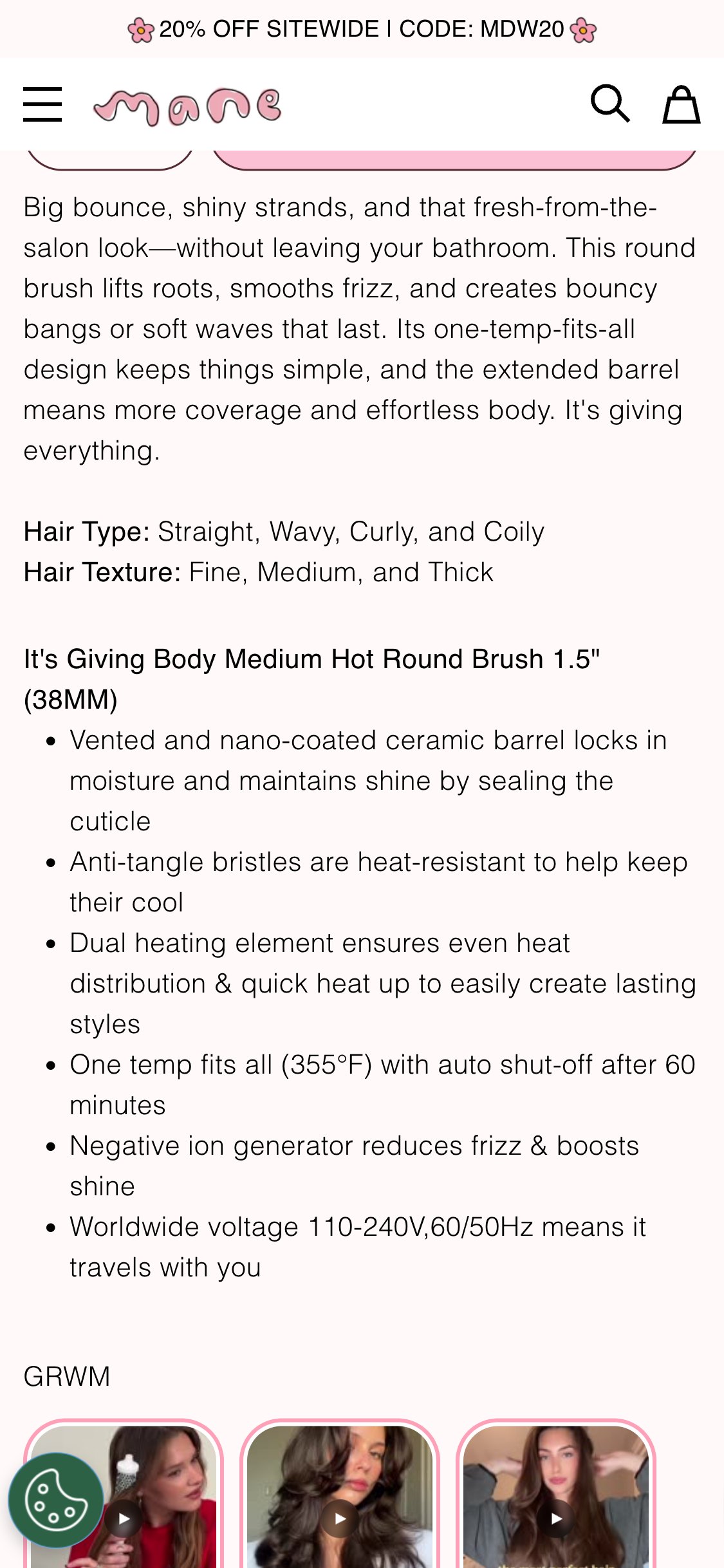 Mane — Hot Round Brush PDP (text-bullet heavy)