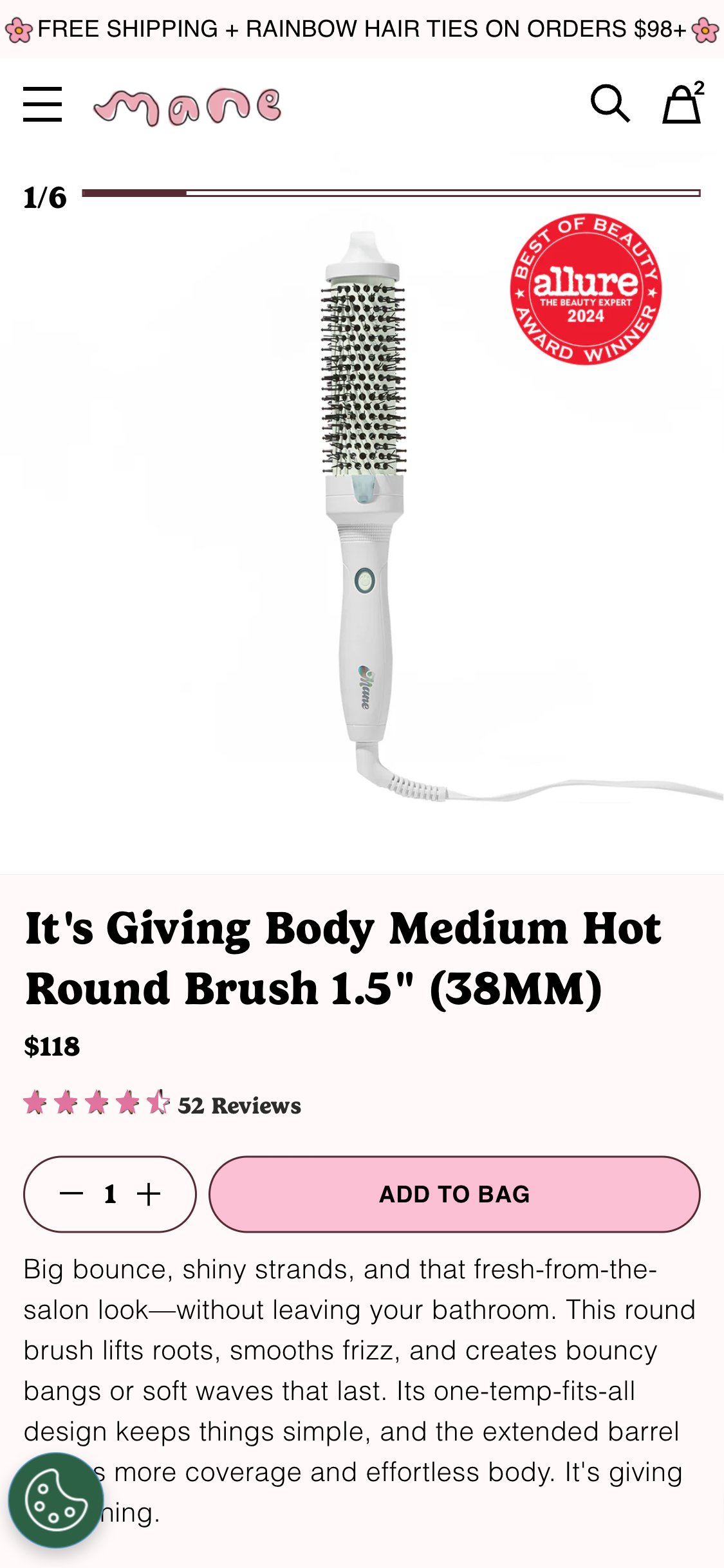 Mane — Hot Round Brush PDP $118 (no BNPL surfaced)
